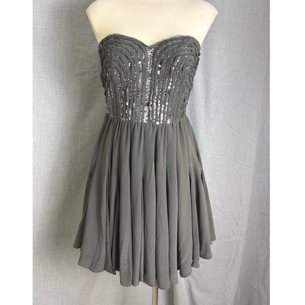 Rebecca Taylor Gray 100%‎ Silk Strapless Sequin Dress Sweetheart Mini Smocked 4